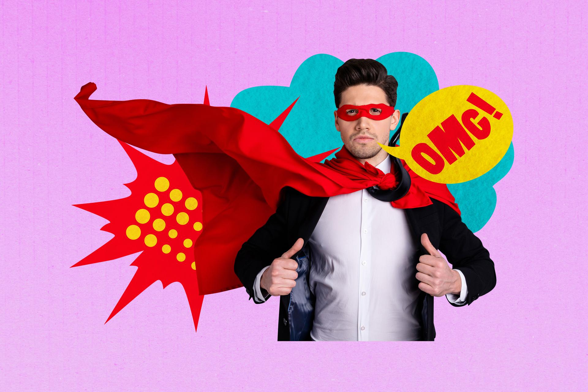 Composite trend artwork 3D sketch image photo collage of young man hero superman eyewear mask cloak stand comics speech cloud omg