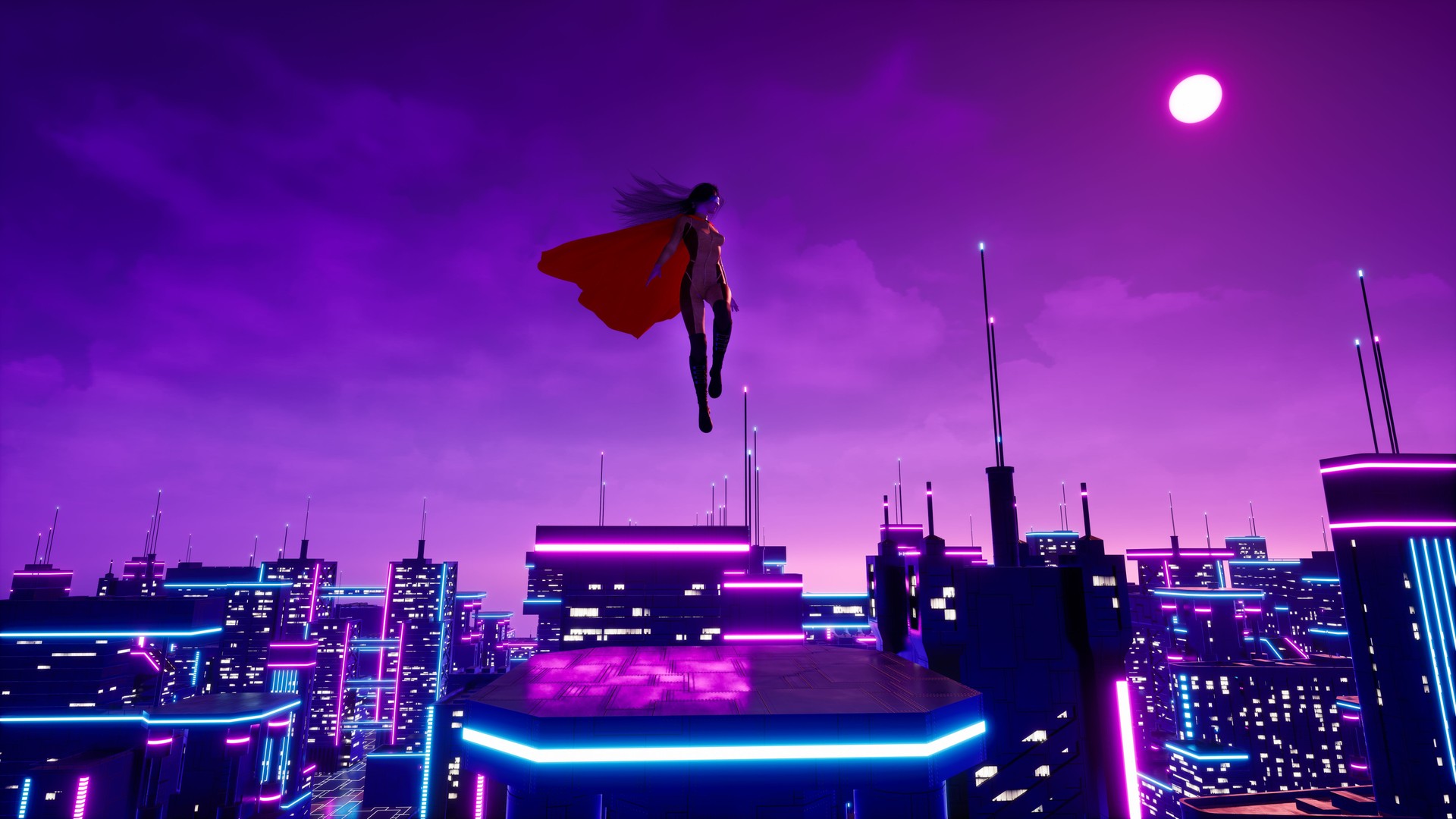 Super woman avatar travelling on neon city, 3d render