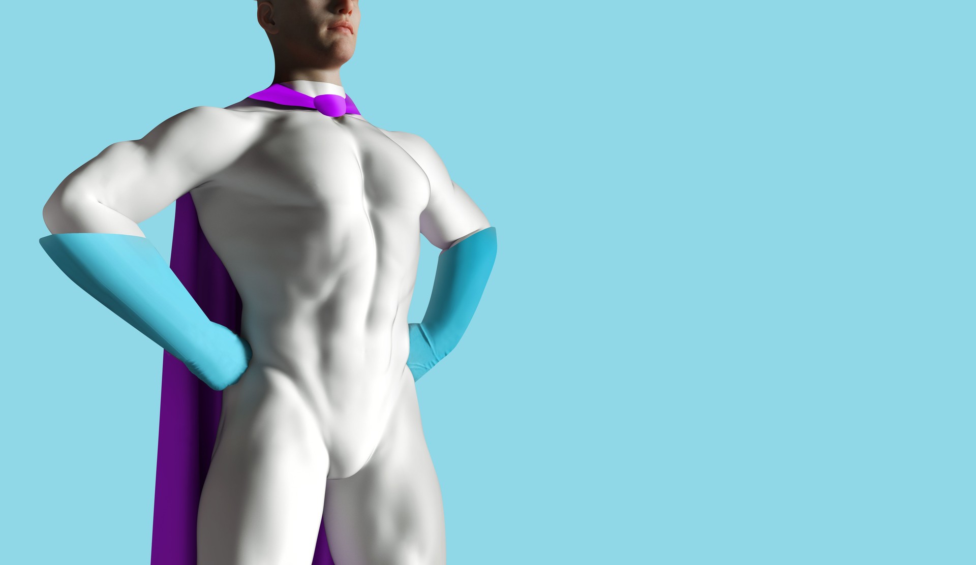 3d render illustration artwork of male super hero in costume.